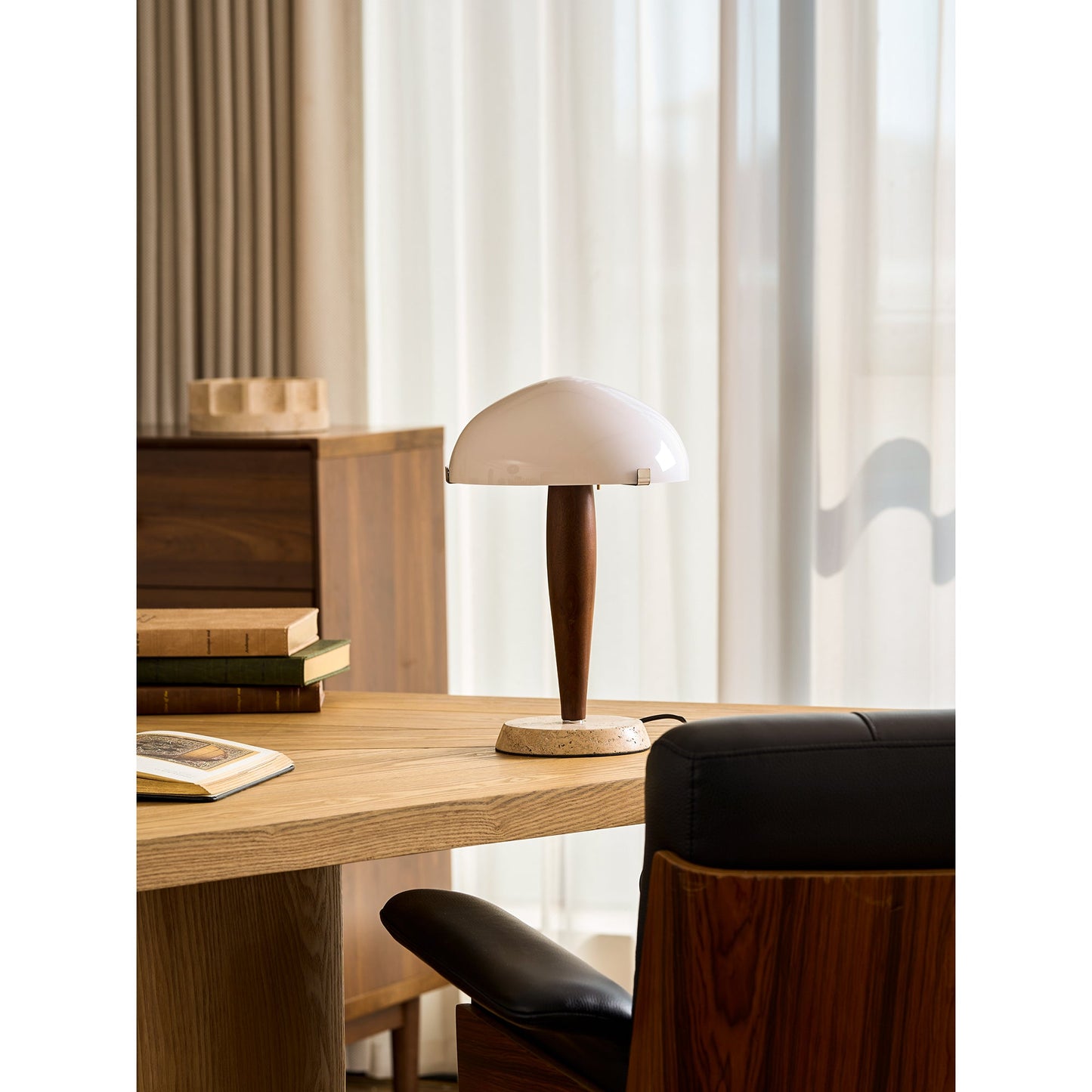 Herman Table Lamp - Modern Walnut Wood & Marble Desk Light with Glass Shade