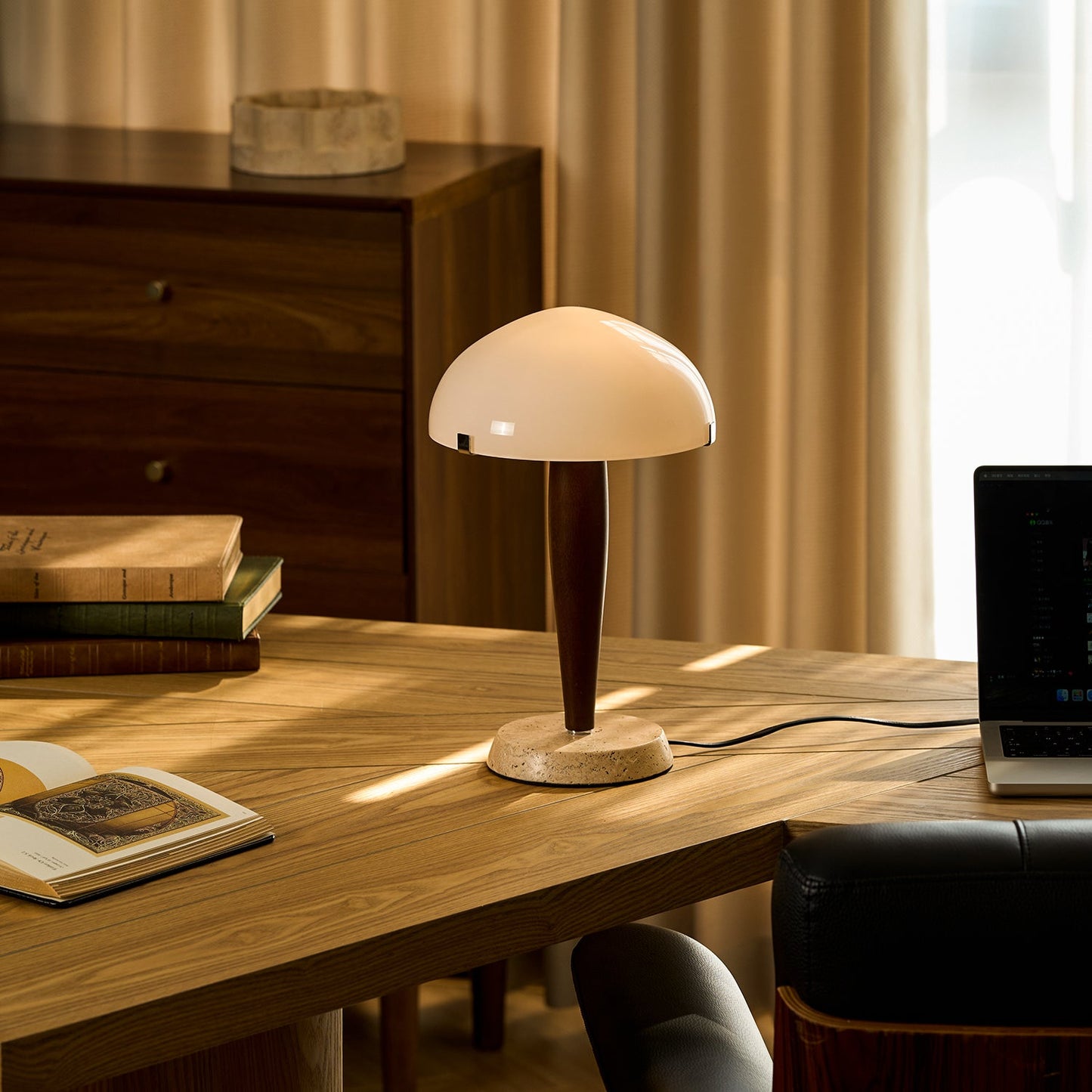 Herman Table Lamp - Modern Walnut Wood & Marble Desk Light with Glass Shade