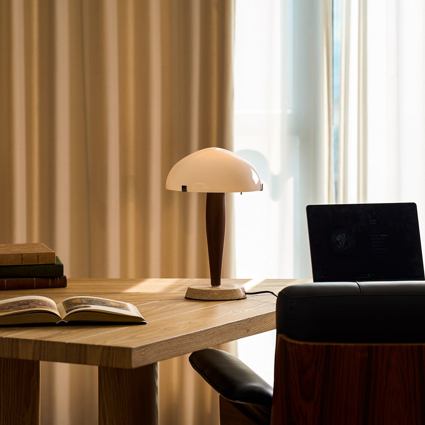 Herman Table Lamp - Modern Walnut Wood & Marble Desk Light with Glass Shade