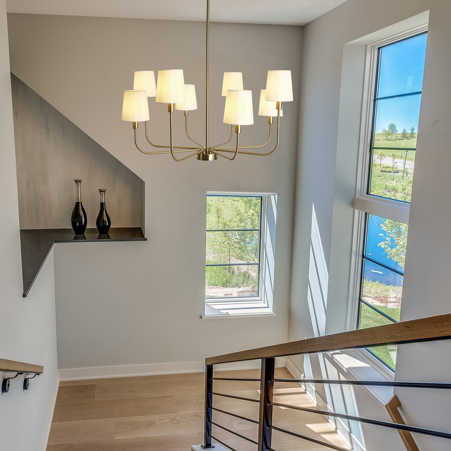 Hilbert Chandelier - Modern 8-Light Brass Chandelier with White Fabric Shades