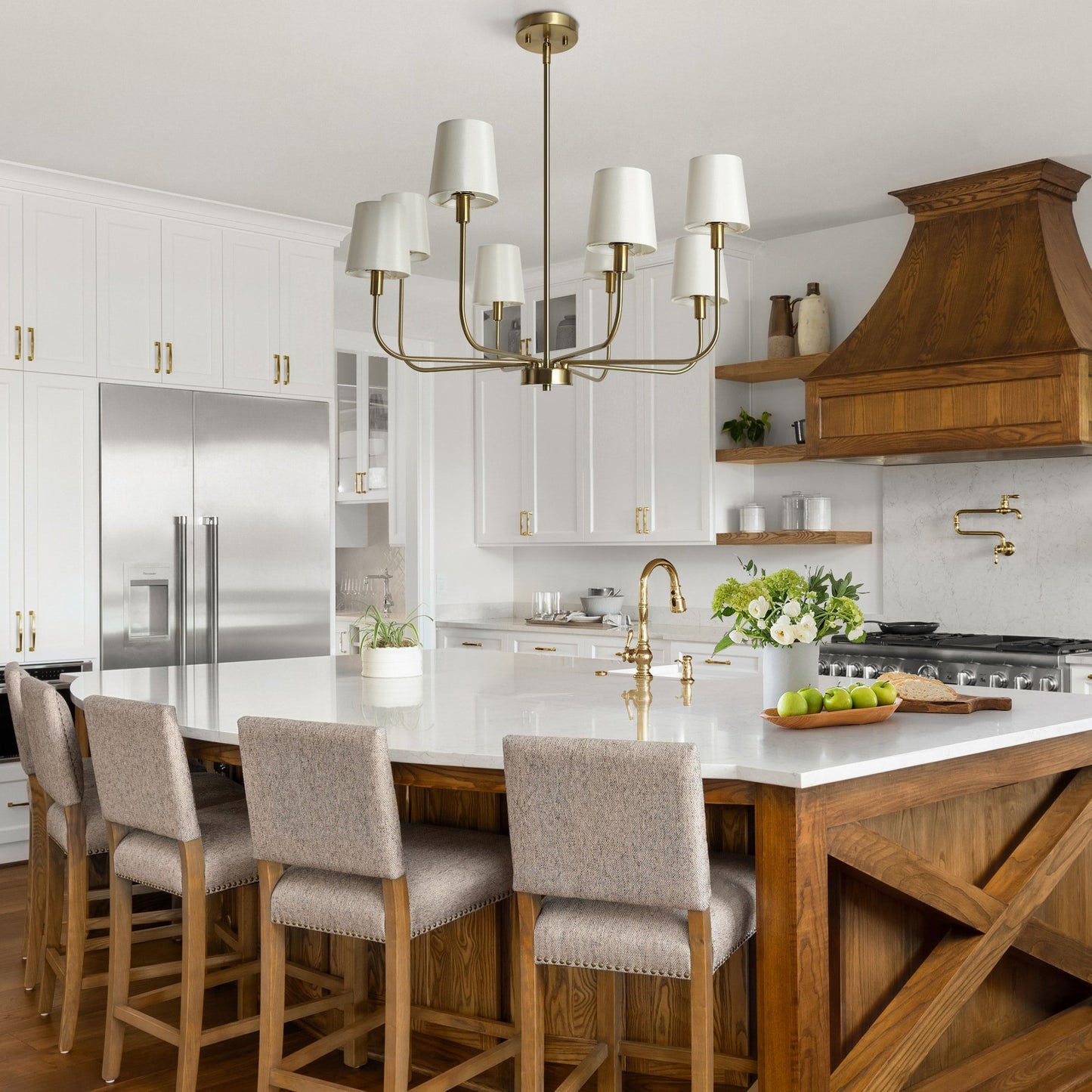 Hilbert Chandelier - Modern 8-Light Brass Chandelier with White Fabric Shades