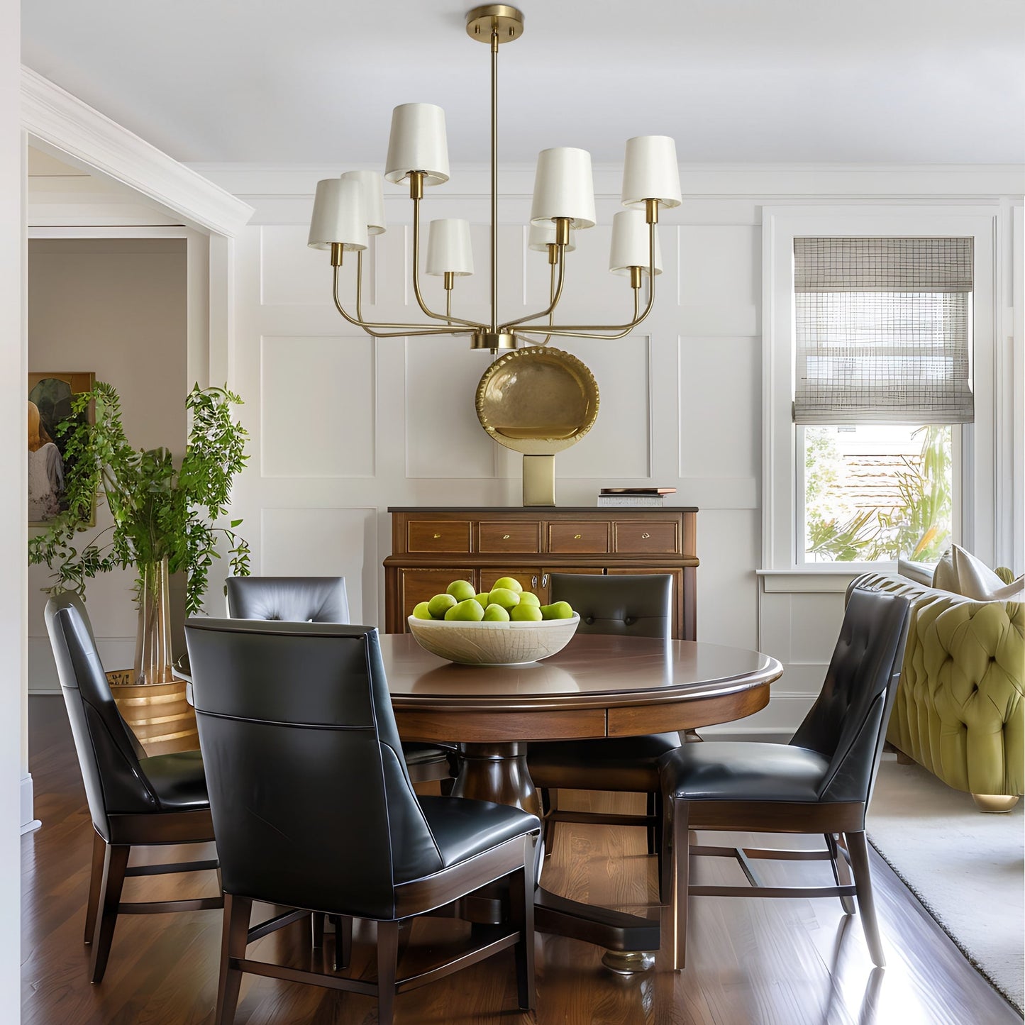 Hilbert Chandelier - Modern 8-Light Brass Chandelier with White Fabric Shades