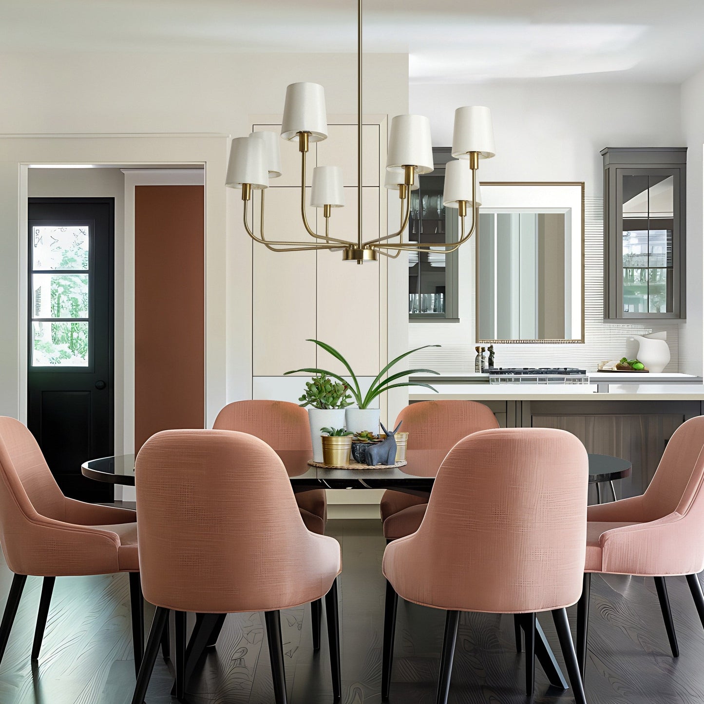 Hilbert Chandelier - Modern 8-Light Brass Chandelier with White Fabric Shades