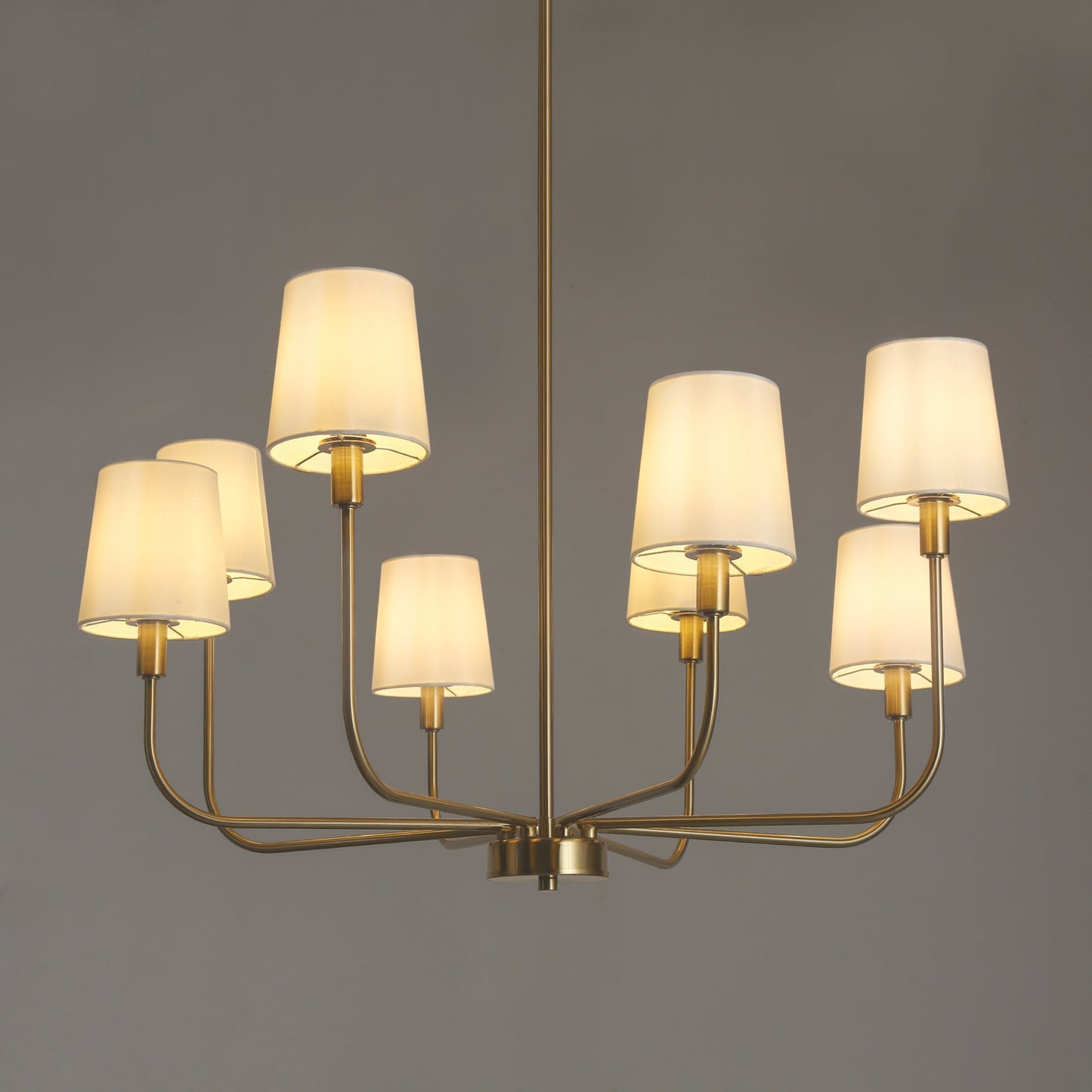 Hilbert Chandelier - Modern 8-Light Brass Chandelier with White Fabric Shades