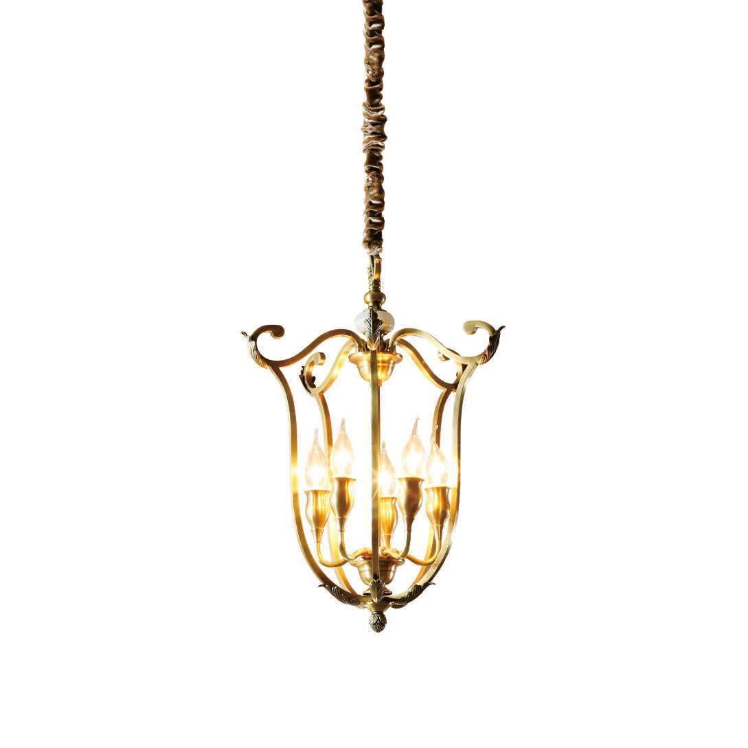 Hillcrest Pendant Light - Antique Brass 5-Light Cage Chandelier with Jade Accents