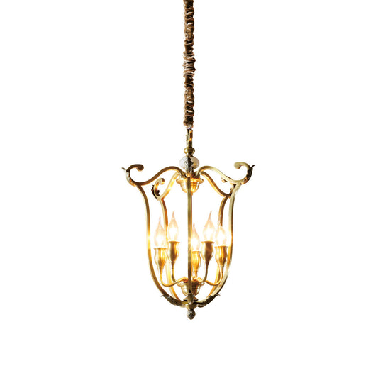 Hillcrest Pendant Light - Antique Brass 5-Light Cage Chandelier with Jade Accents