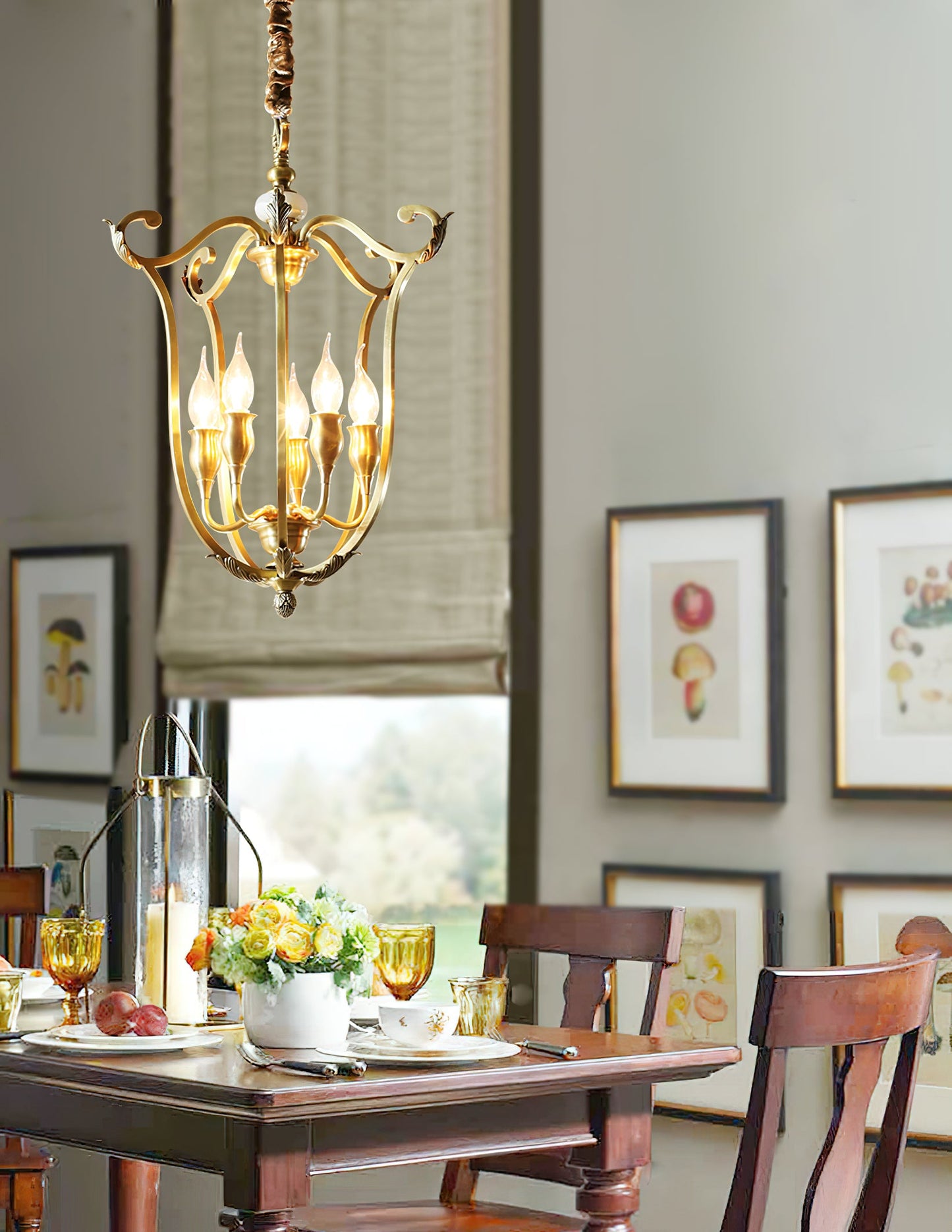 Hillcrest Pendant Light - Antique Brass 5-Light Cage Chandelier with Jade Accents