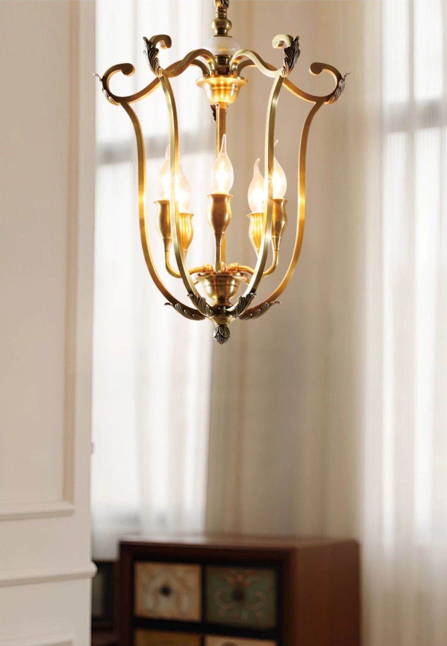 Hillcrest Pendant Light - Antique Brass 5-Light Cage Chandelier with Jade Accents