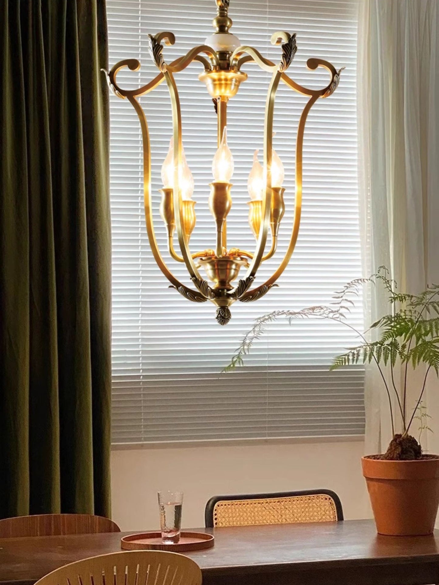 Hillcrest Pendant Light - Antique Brass 5-Light Cage Chandelier with Jade Accents