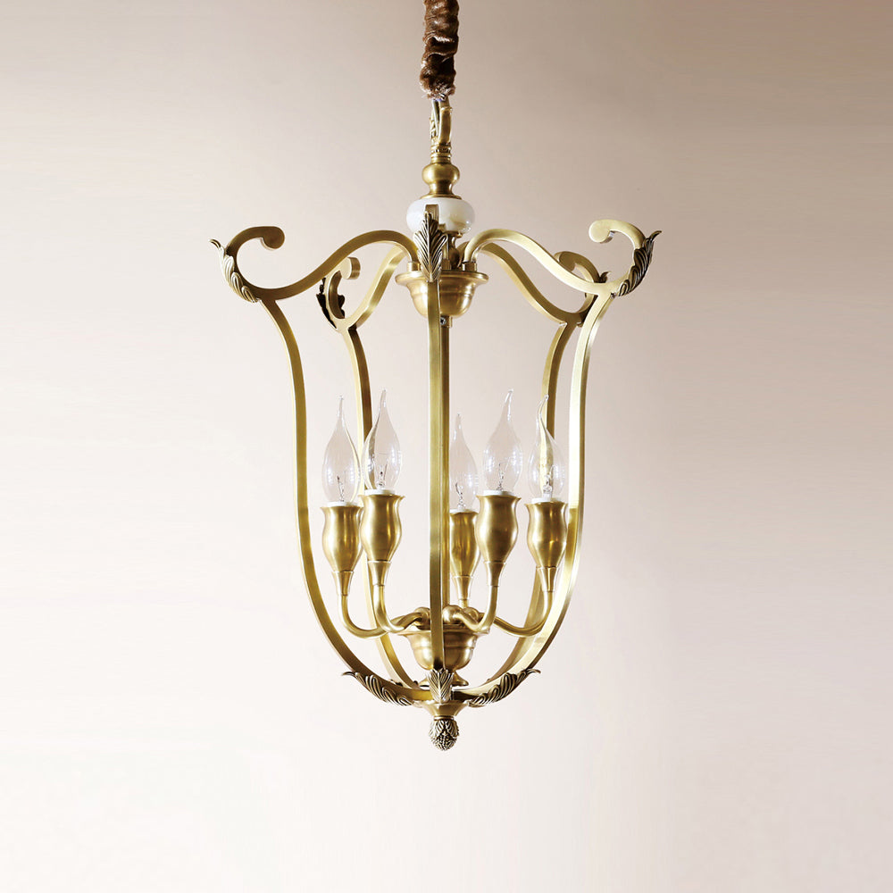 Hillcrest Pendant Light - Antique Brass 5-Light Cage Chandelier with Jade Accents