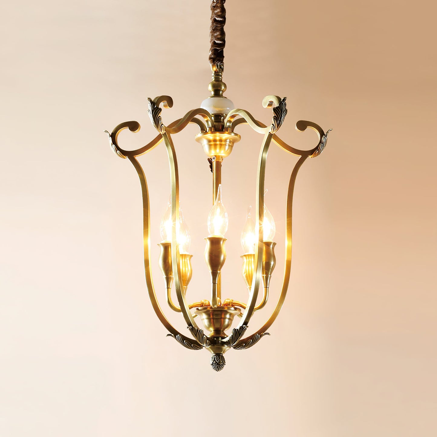 Hillcrest Pendant Light - Antique Brass 5-Light Cage Chandelier with Jade Accents