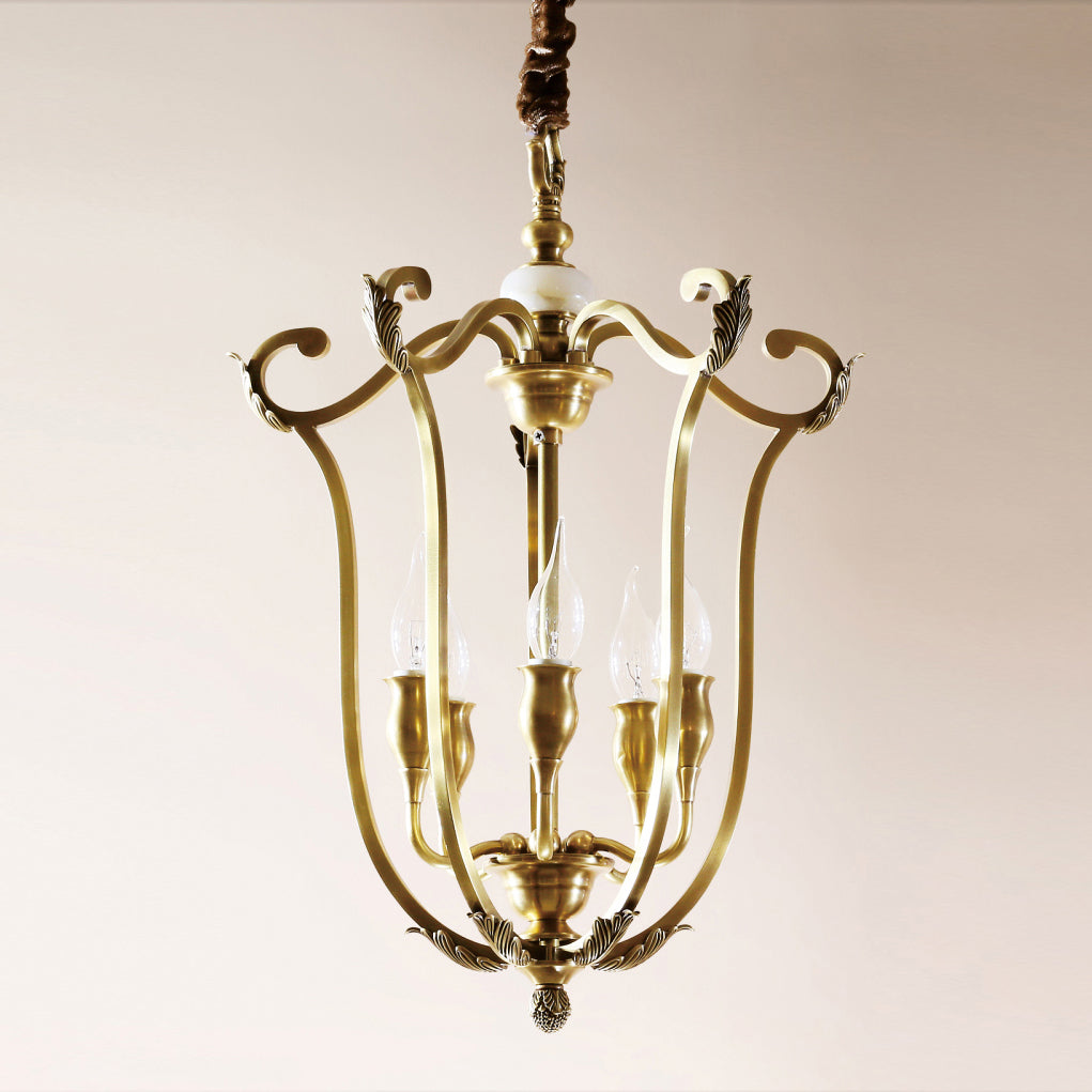 Hillcrest Pendant Light - Antique Brass 5-Light Cage Chandelier with Jade Accents