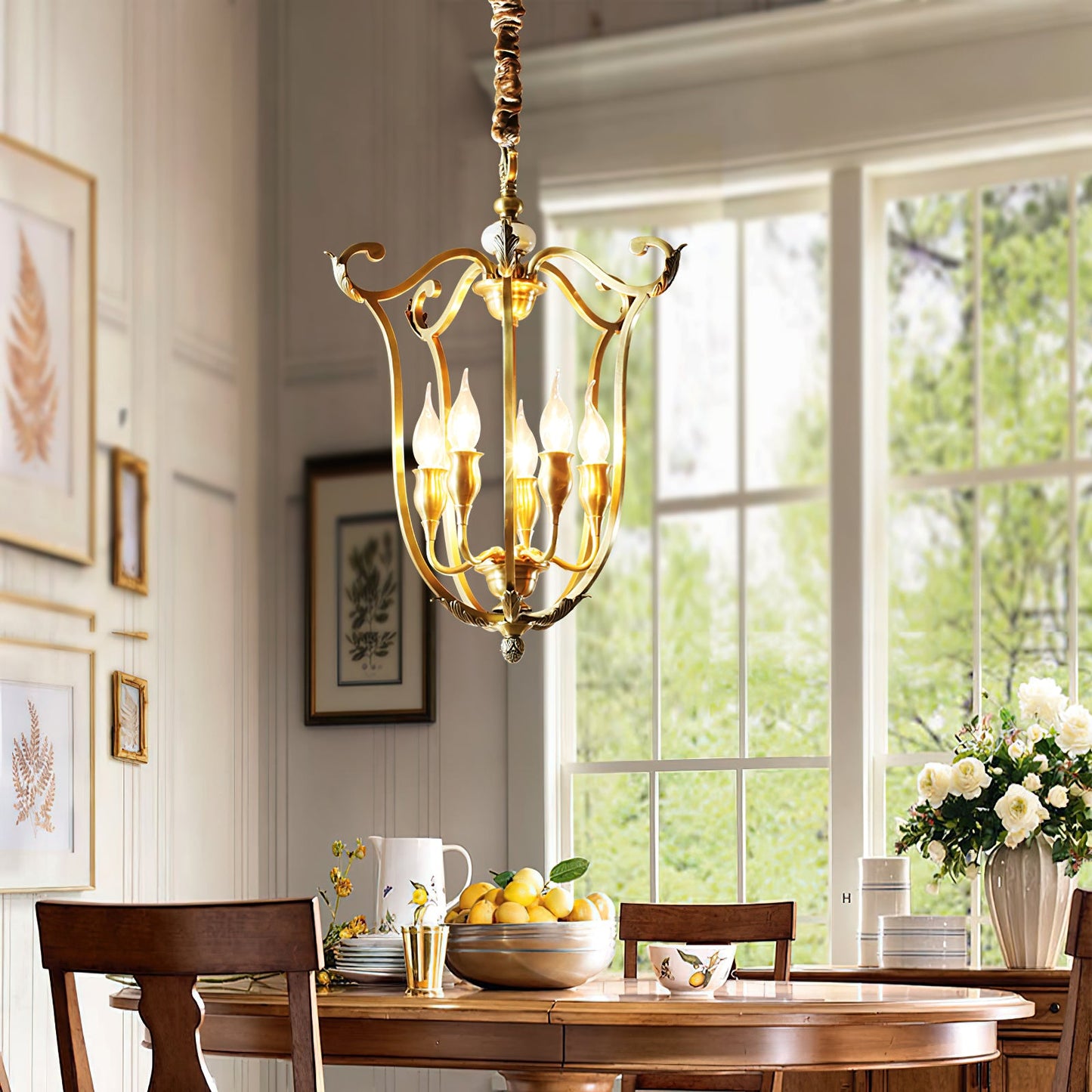 Hillcrest Pendant Light - Antique Brass 5-Light Cage Chandelier with Jade Accents