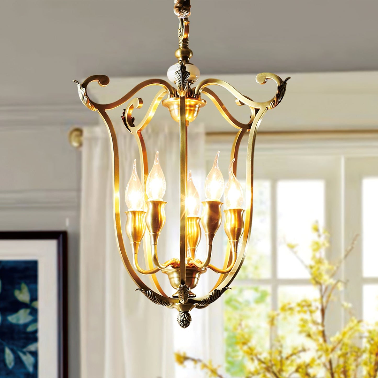 Hillcrest Pendant Light - Antique Brass 5-Light Cage Chandelier with Jade Accents