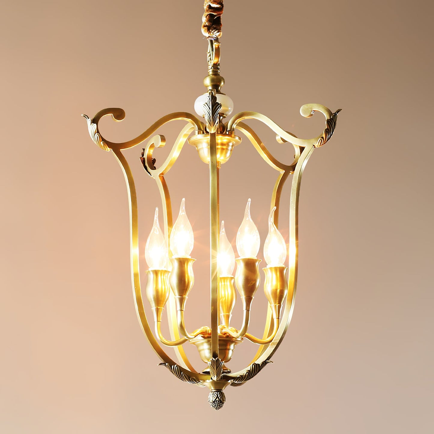 Hillcrest Pendant Light - Antique Brass 5-Light Cage Chandelier with Jade Accents