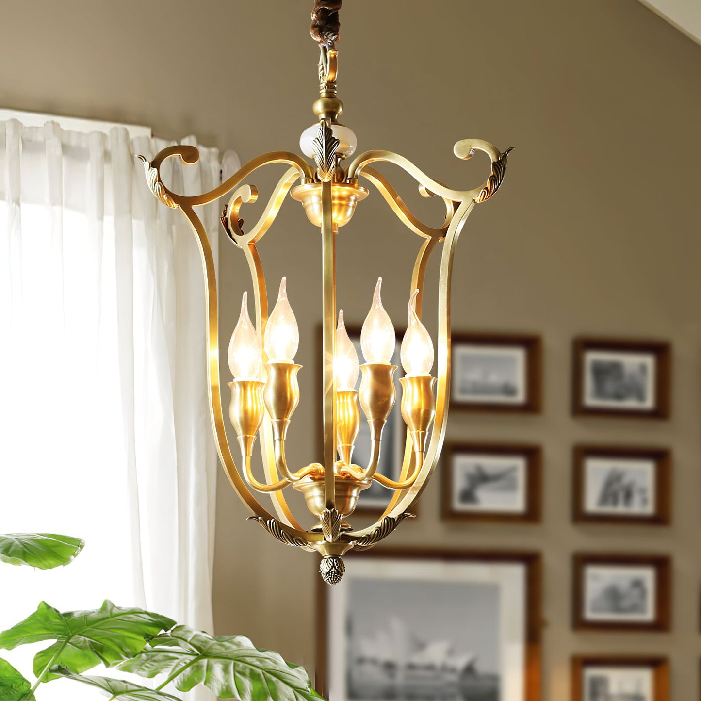 Hillcrest Pendant Light - Antique Brass 5-Light Cage Chandelier with Jade Accents
