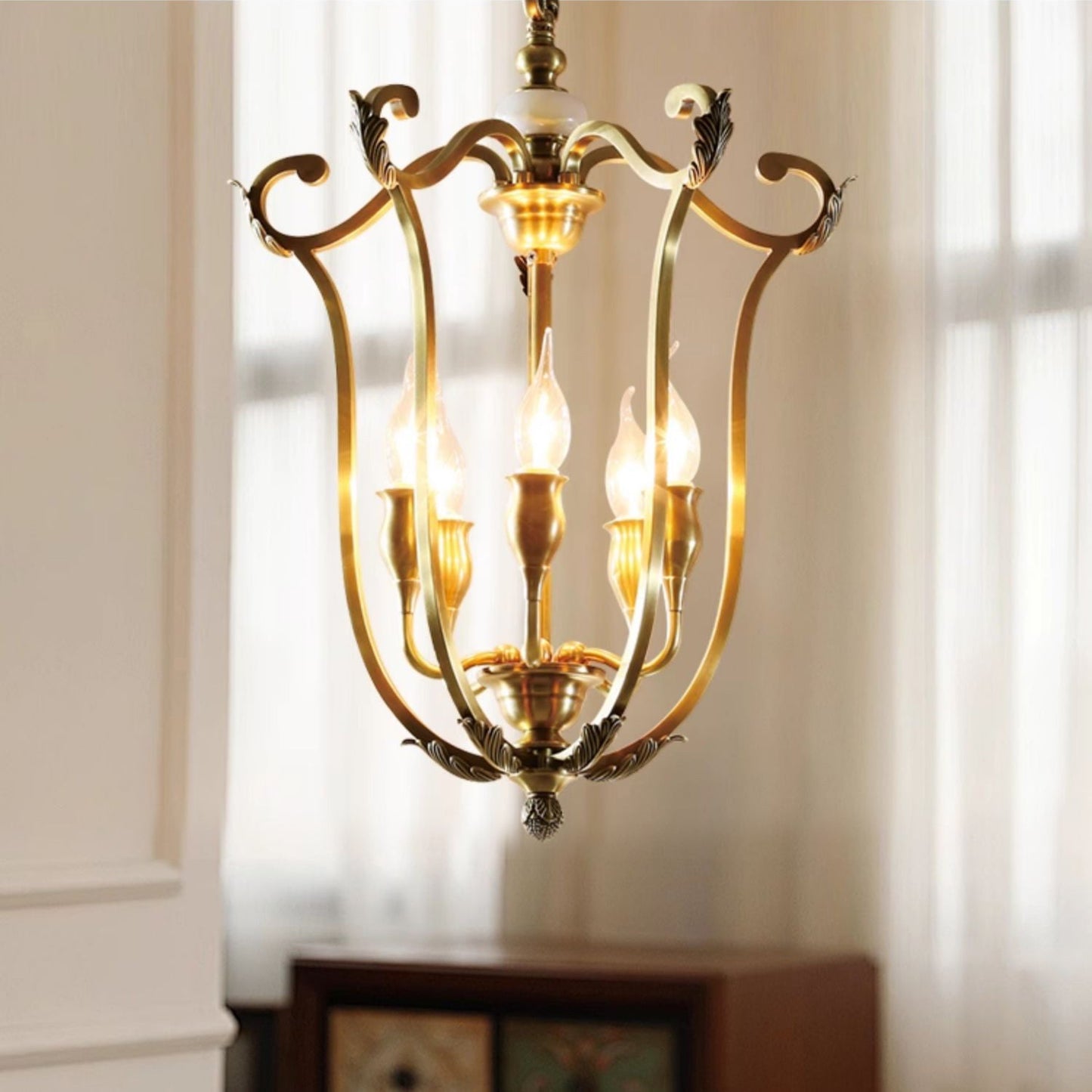 Hillcrest Pendant Light - Antique Brass 5-Light Cage Chandelier with Jade Accents
