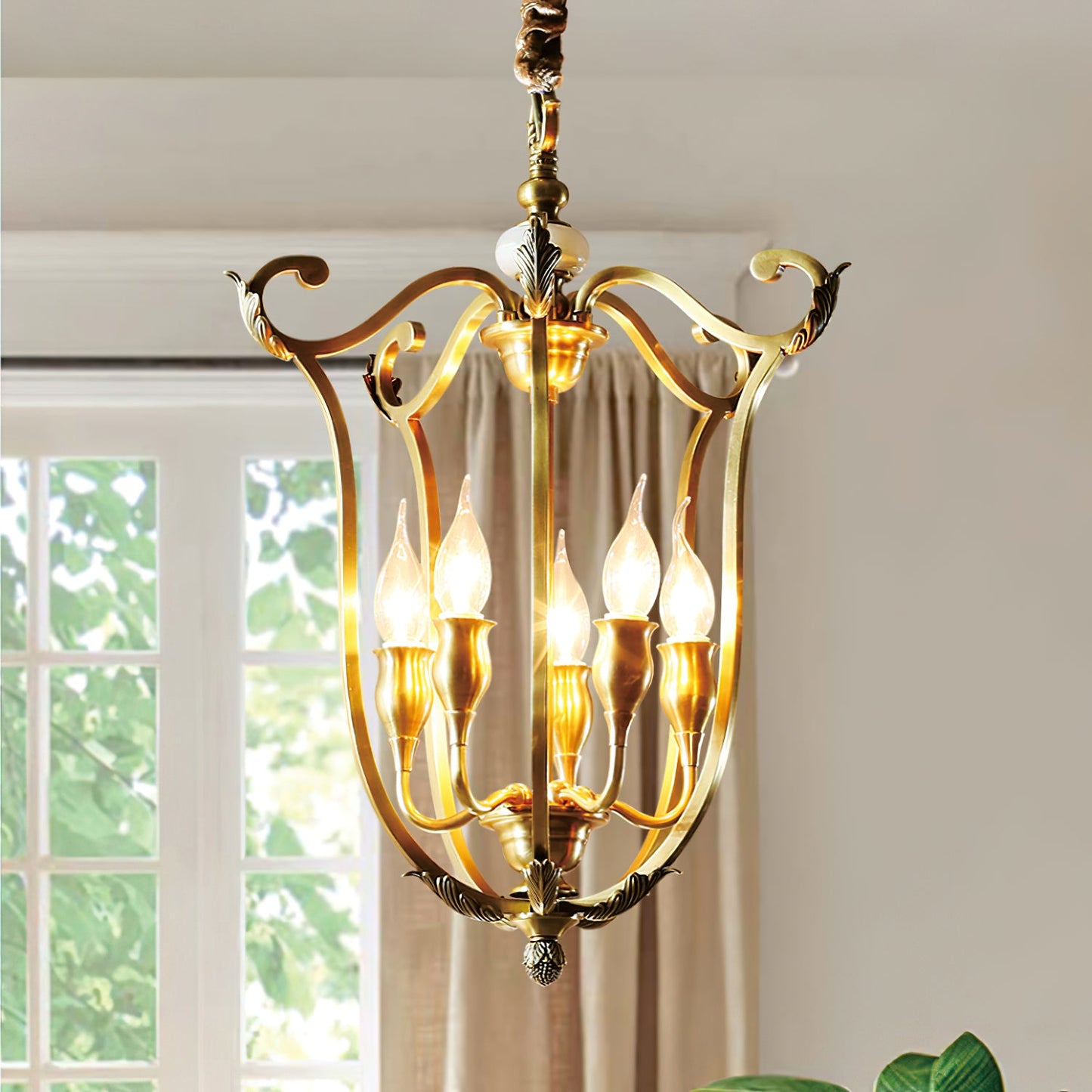 Hillcrest Pendant Light - Antique Brass 5-Light Cage Chandelier with Jade Accents