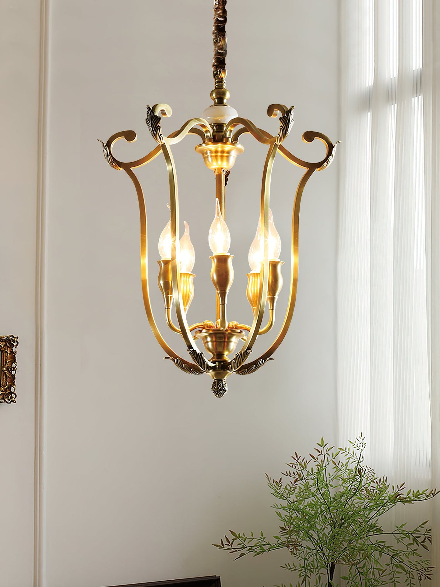Hillcrest Pendant Light - Antique Brass 5-Light Cage Chandelier with Jade Accents