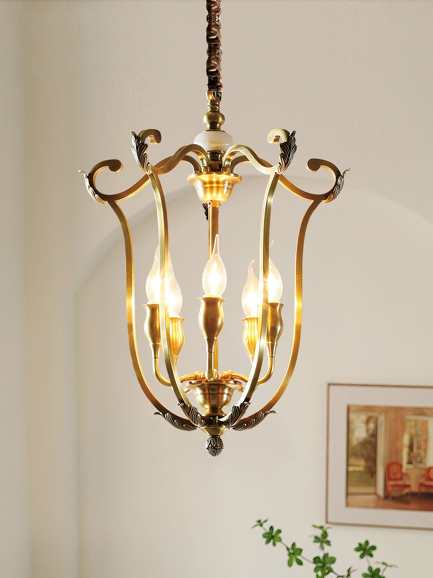 Hillcrest Pendant Light - Antique Brass 5-Light Cage Chandelier with Jade Accents