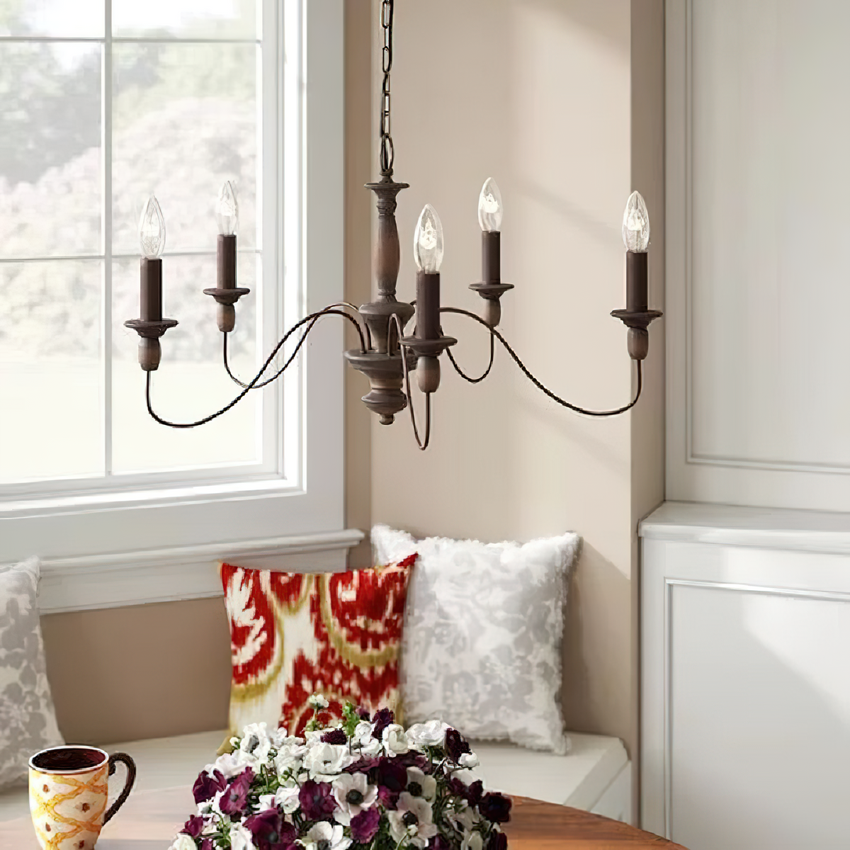 Holbrook Chandelier - Traditional Turned Wood & Curved Metal Candelabra Chandelier