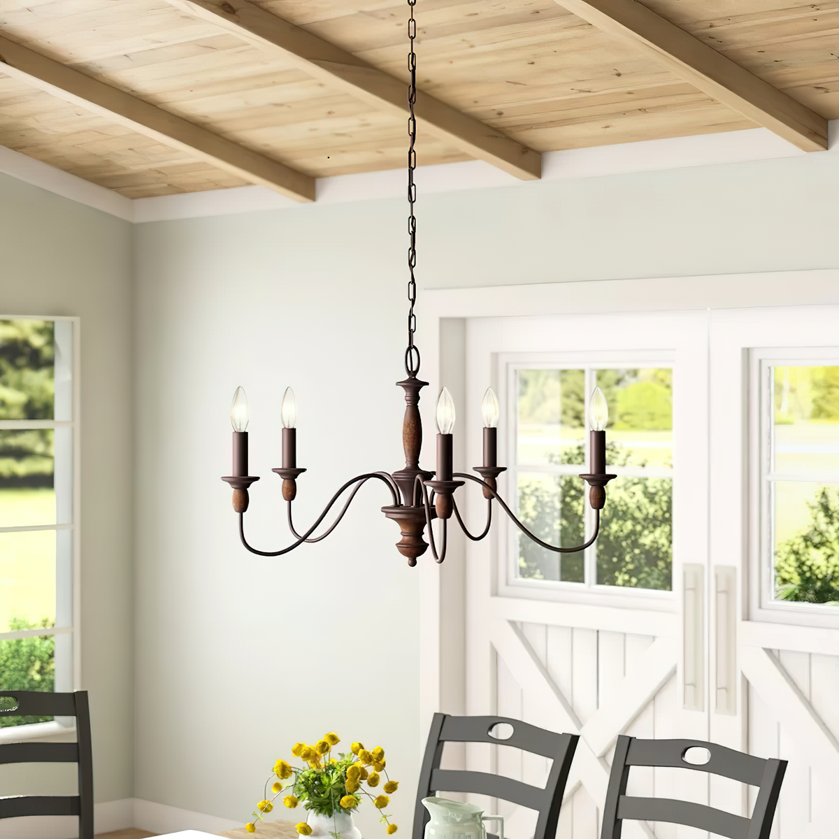 Holbrook Chandelier - Traditional Turned Wood & Curved Metal Candelabra Chandelier
