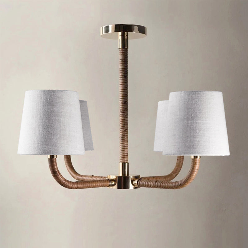 Holden Cane Chandelier - Woven Rattan & Tailored Linen White Shade Multi-Arm Chandelier