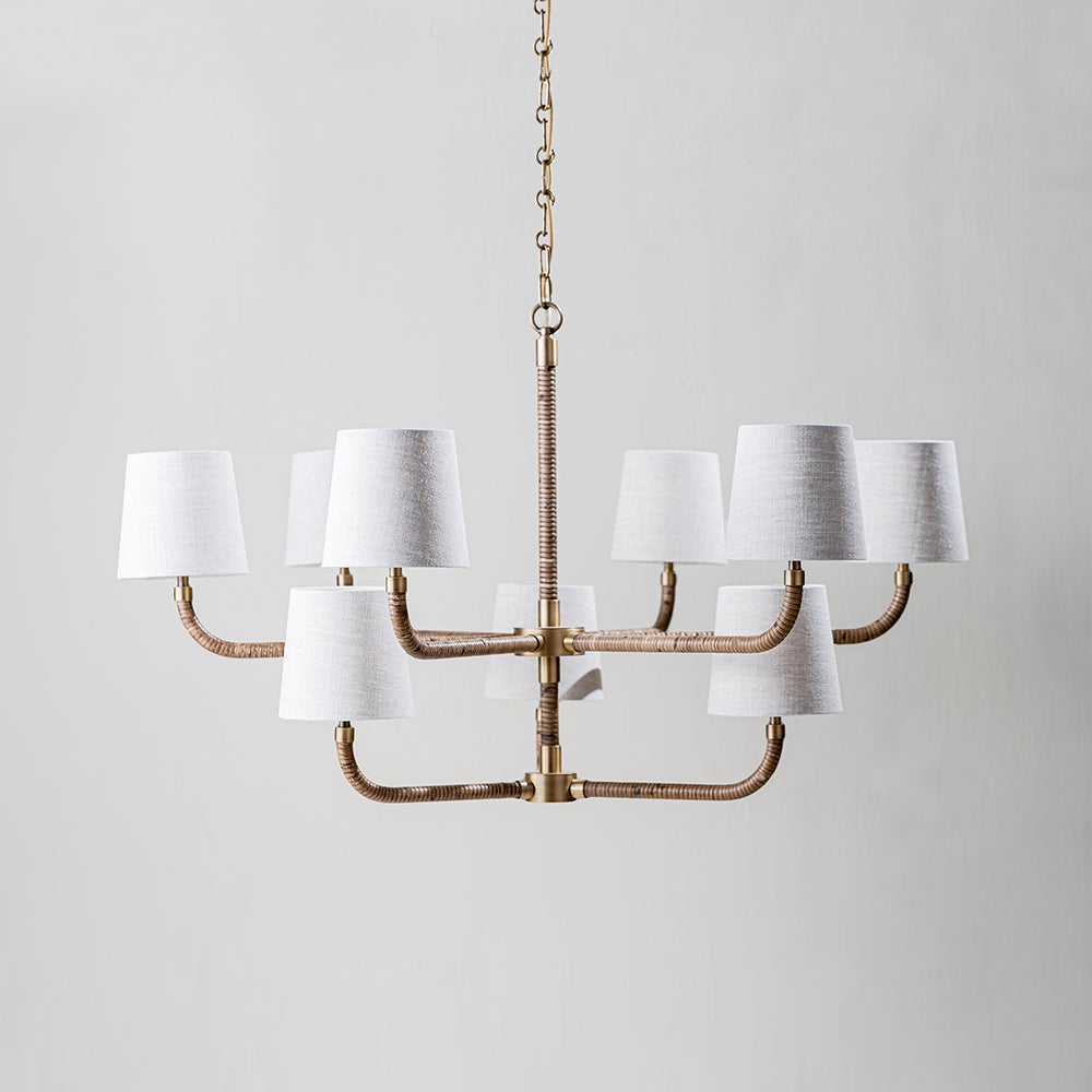 Holden Cane Chandelier - Woven Rattan & Tailored Linen White Shade Multi-Arm Chandelier