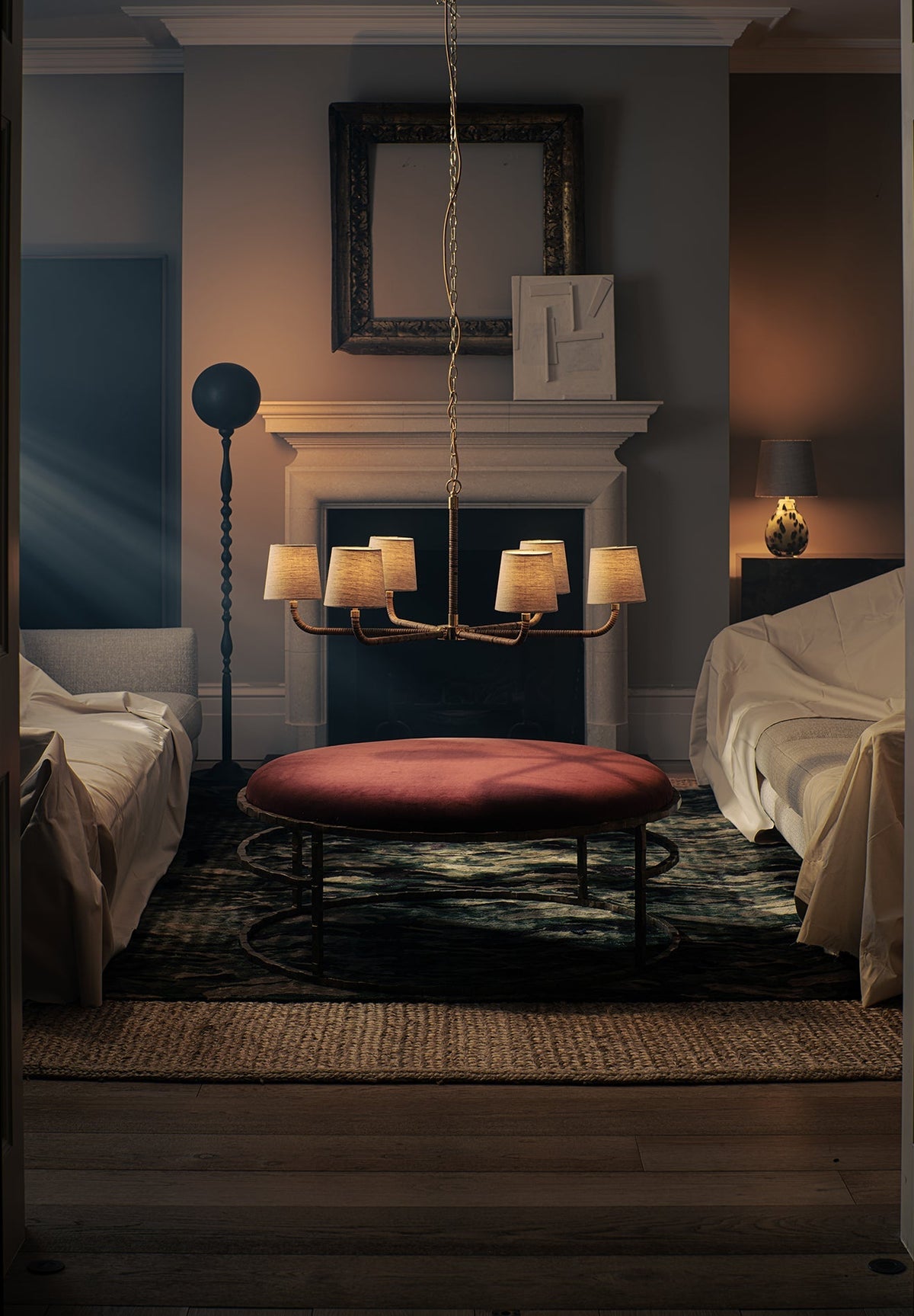 Holden Cane Chandelier - Woven Rattan & Tailored Linen White Shade Multi-Arm Chandelier