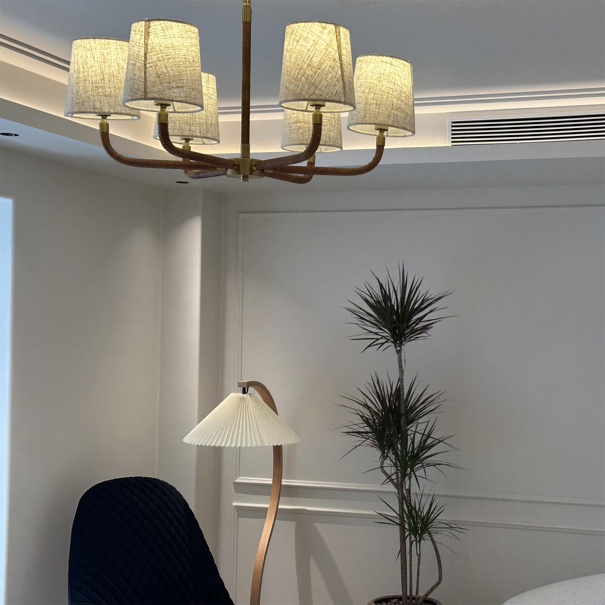 Holden Cane Chandelier - Woven Rattan & Tailored Linen White Shade Multi-Arm Chandelier