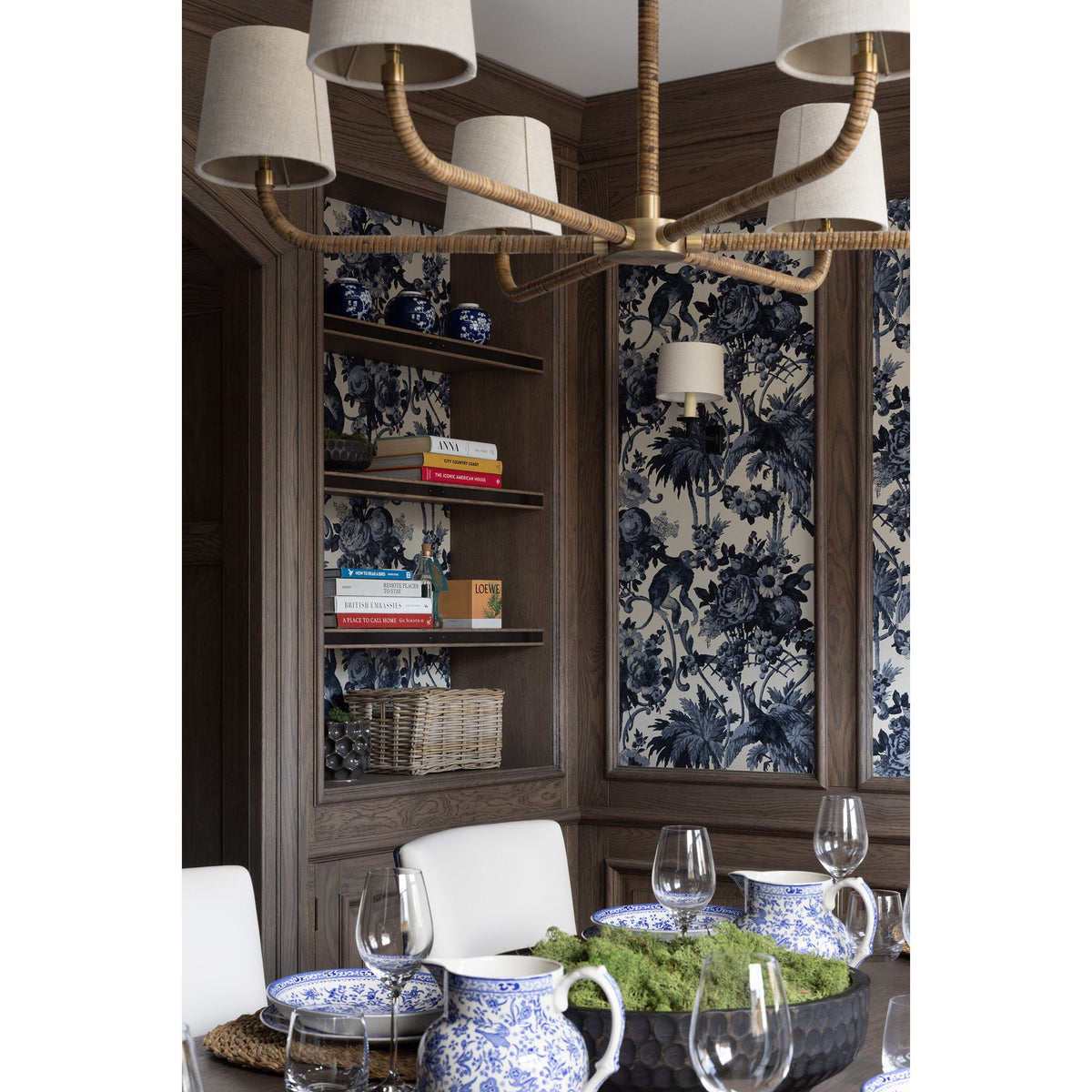 Holden Cane Chandelier - Woven Rattan & Tailored Linen White Shade Multi-Arm Chandelier