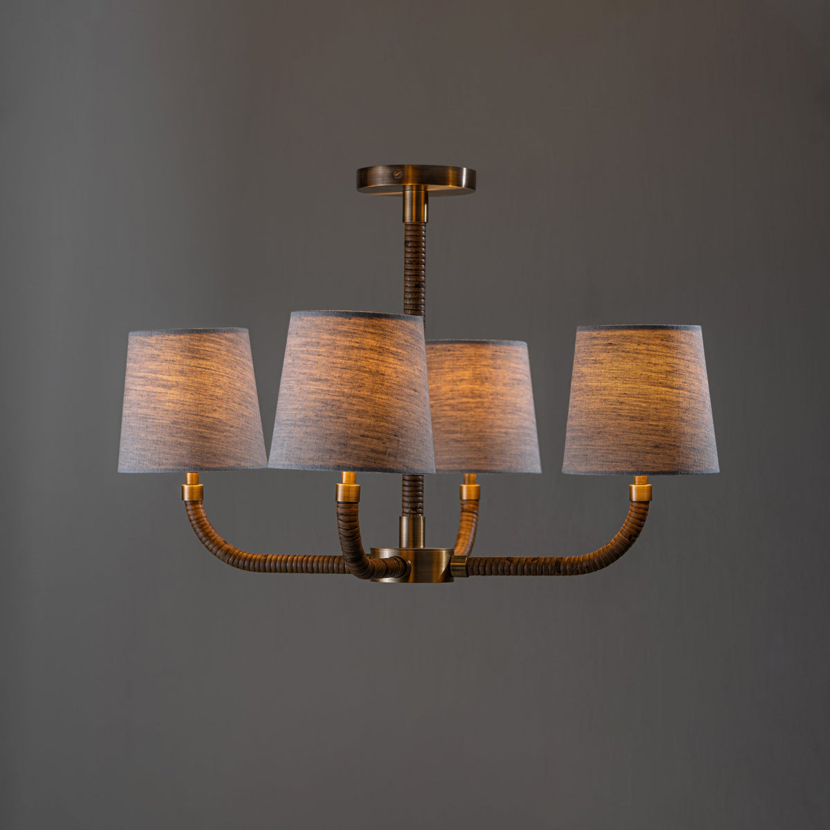 Holden Cane Chandelier - Woven Rattan & Tailored Linen White Shade Multi-Arm Chandelier