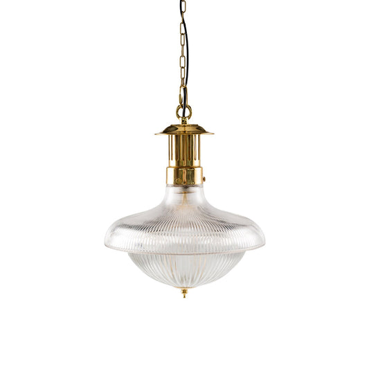 Holophane Pendant Lamp - Minimalist Gold Hardware & Clear Prismatic Glass Industrial Pendant