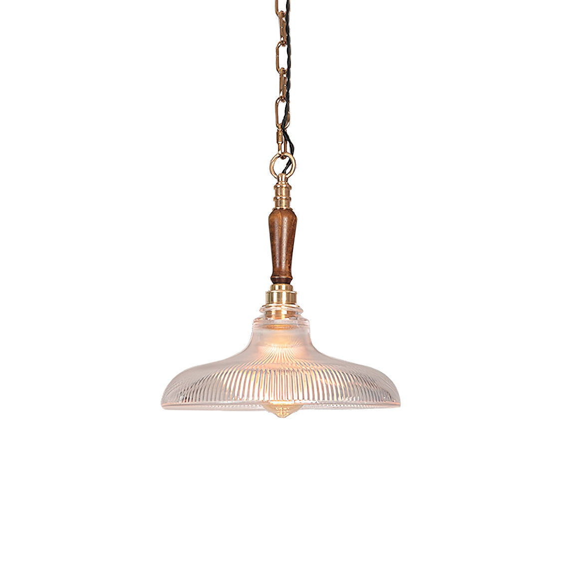 Holophane Pendant Light - Prismatic Ribbed Glass, Solid Walnut & Brass Pendant