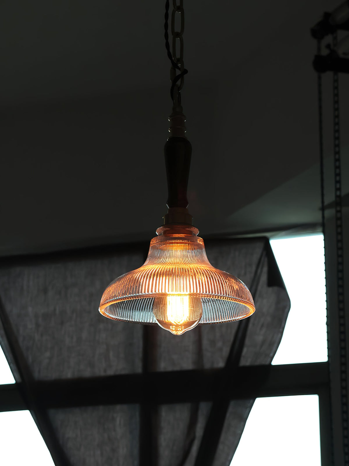 Holophane Pendant Light - Prismatic Ribbed Glass, Solid Walnut & Brass Pendant