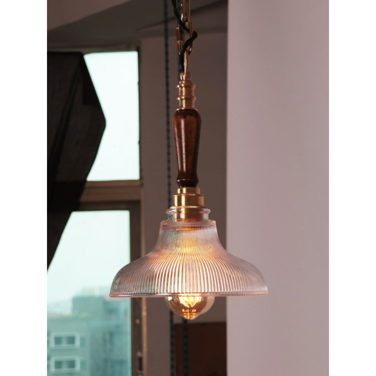 Holophane Pendant Light - Prismatic Ribbed Glass, Solid Walnut & Brass Pendant