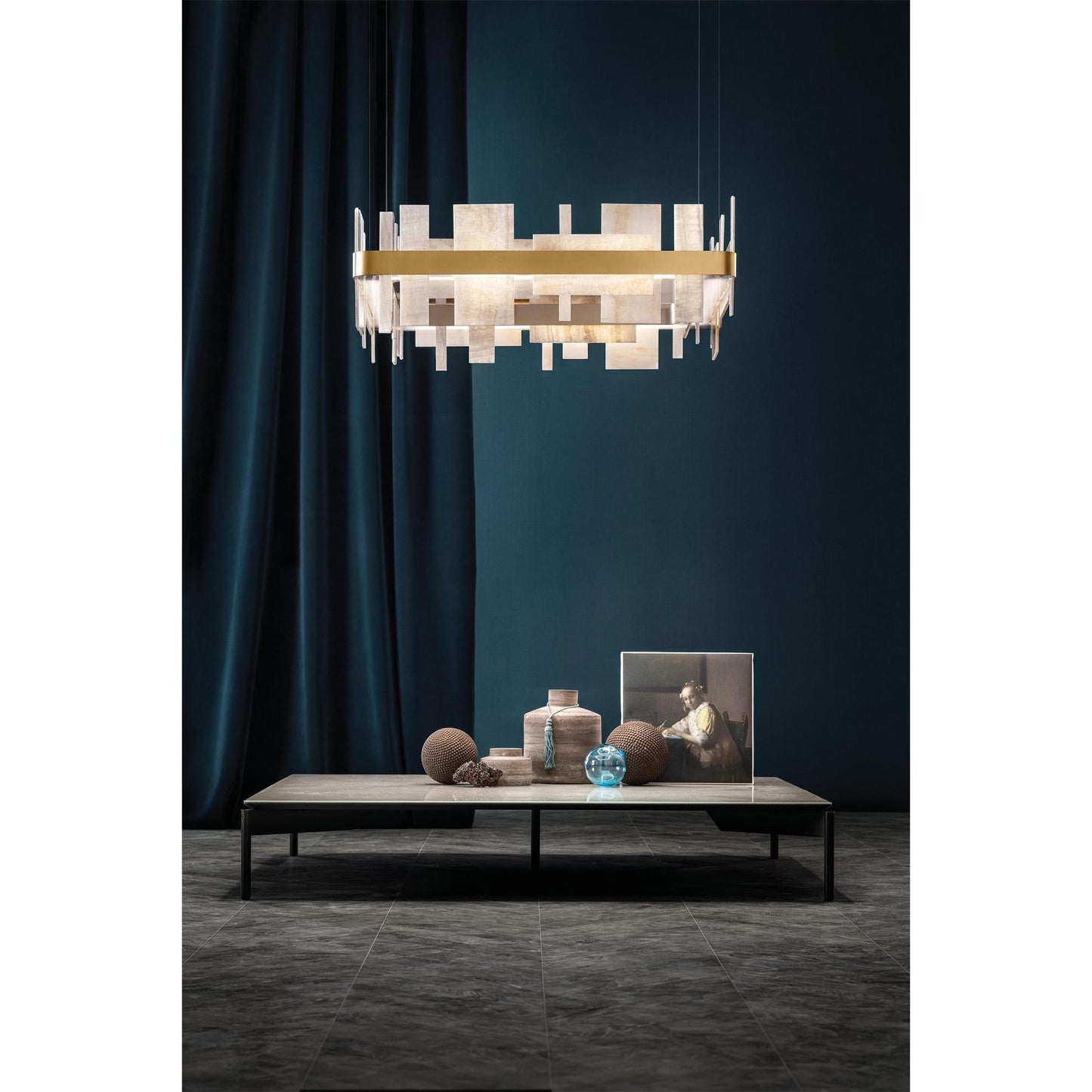 Honice LED Alabaster Chandelier - Translucent Italian Natural Stone & Brushed Copper Pendant