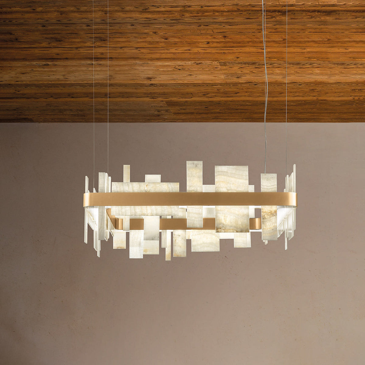 Honice LED Alabaster Chandelier - Translucent Italian Natural Stone & Brushed Copper Pendant