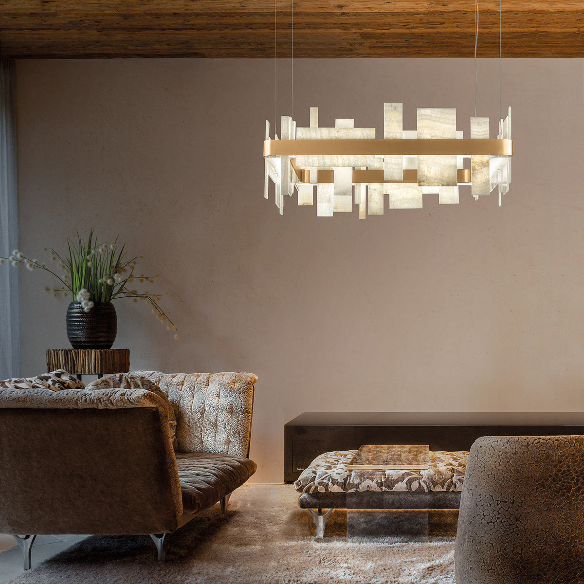 Honice LED Alabaster Chandelier - Translucent Italian Natural Stone & Brushed Copper Pendant