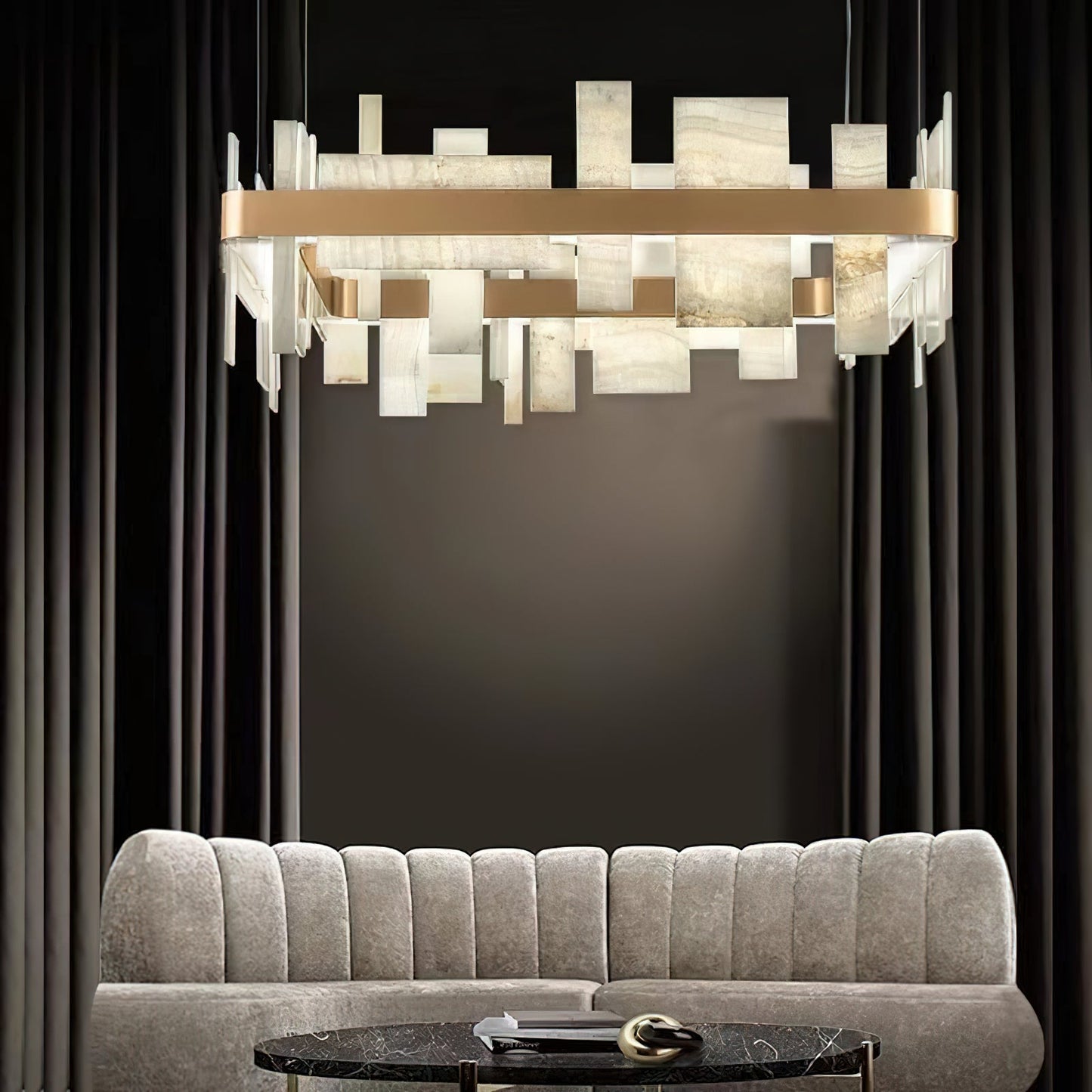 Honice LED Alabaster Chandelier - Translucent Italian Natural Stone & Brushed Copper Pendant