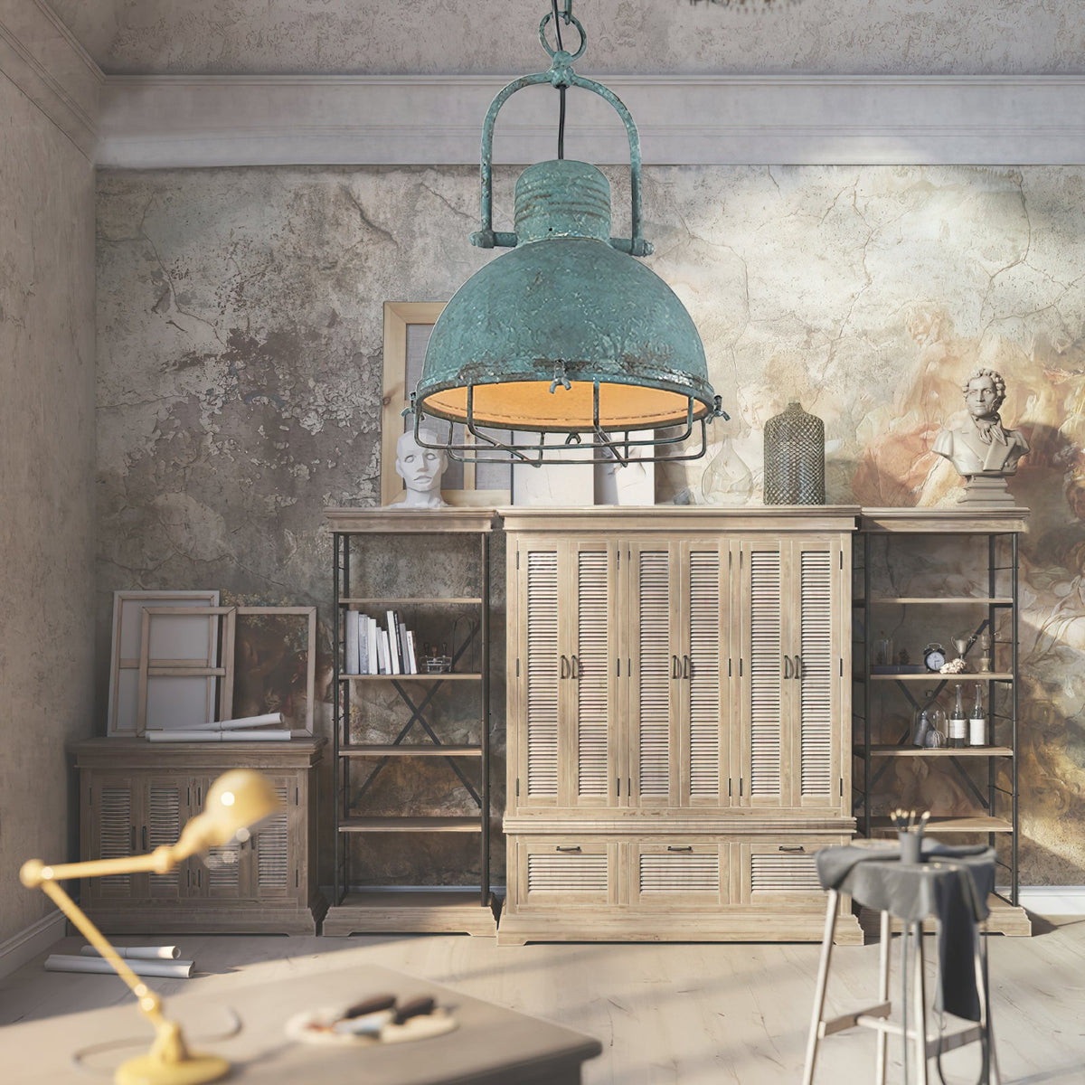 Hopedale Pendant Light - Weathered Antique Coastal Farmhouse Dome Pendant with Wire Cage