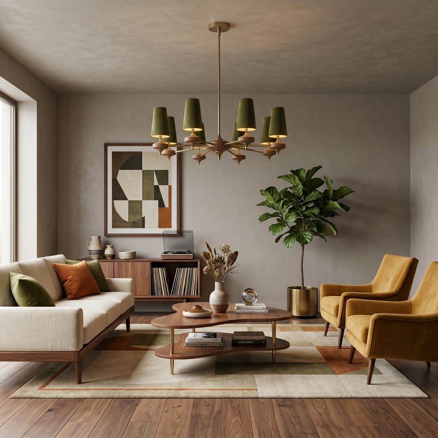 Hour Rho Chandelier - Solid Walnut & Antique Brass Radial Multi-Head Chandelier