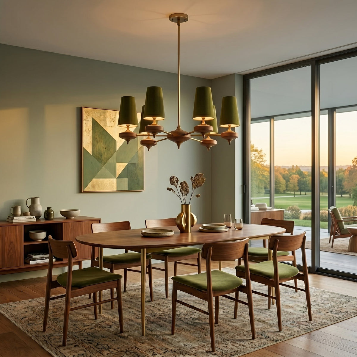 Hour Rho Chandelier - Solid Walnut & Antique Brass Radial Multi-Head Chandelier
