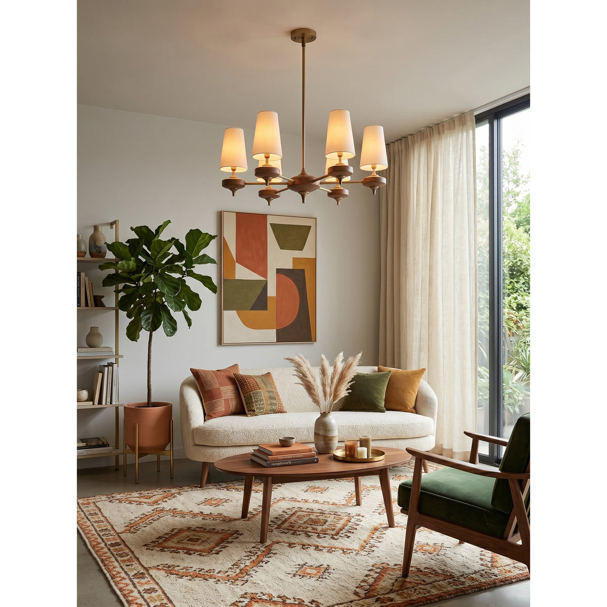 Hour Rho Chandelier - Solid Walnut & Antique Brass Radial Multi-Head Chandelier