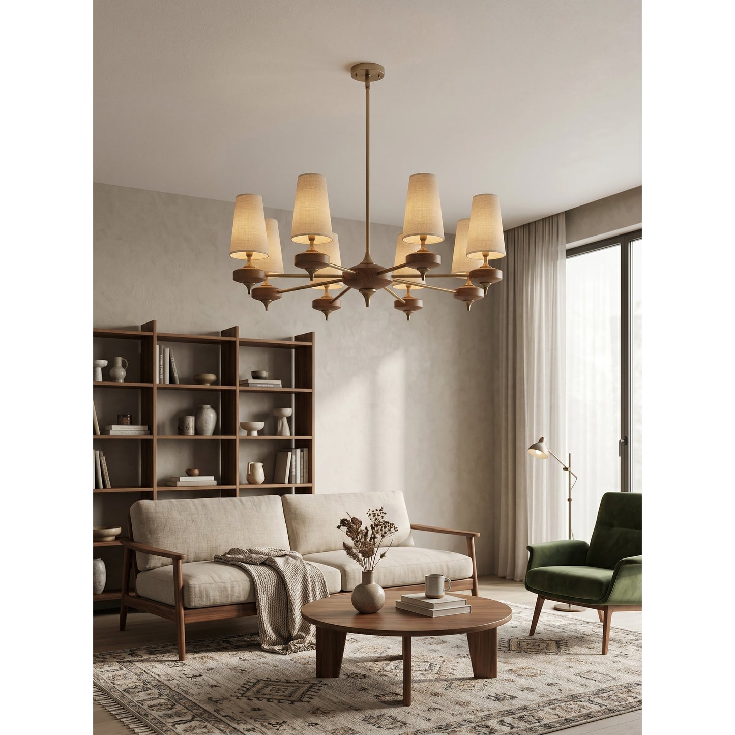 Hour Rho Chandelier - Solid Walnut & Antique Brass Radial Multi-Head Chandelier