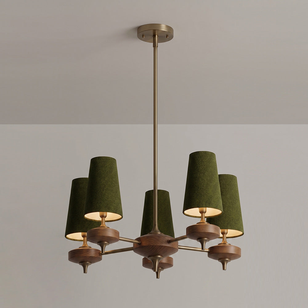 Hour Rho Chandelier - Solid Walnut & Antique Brass Radial Multi-Head Chandelier