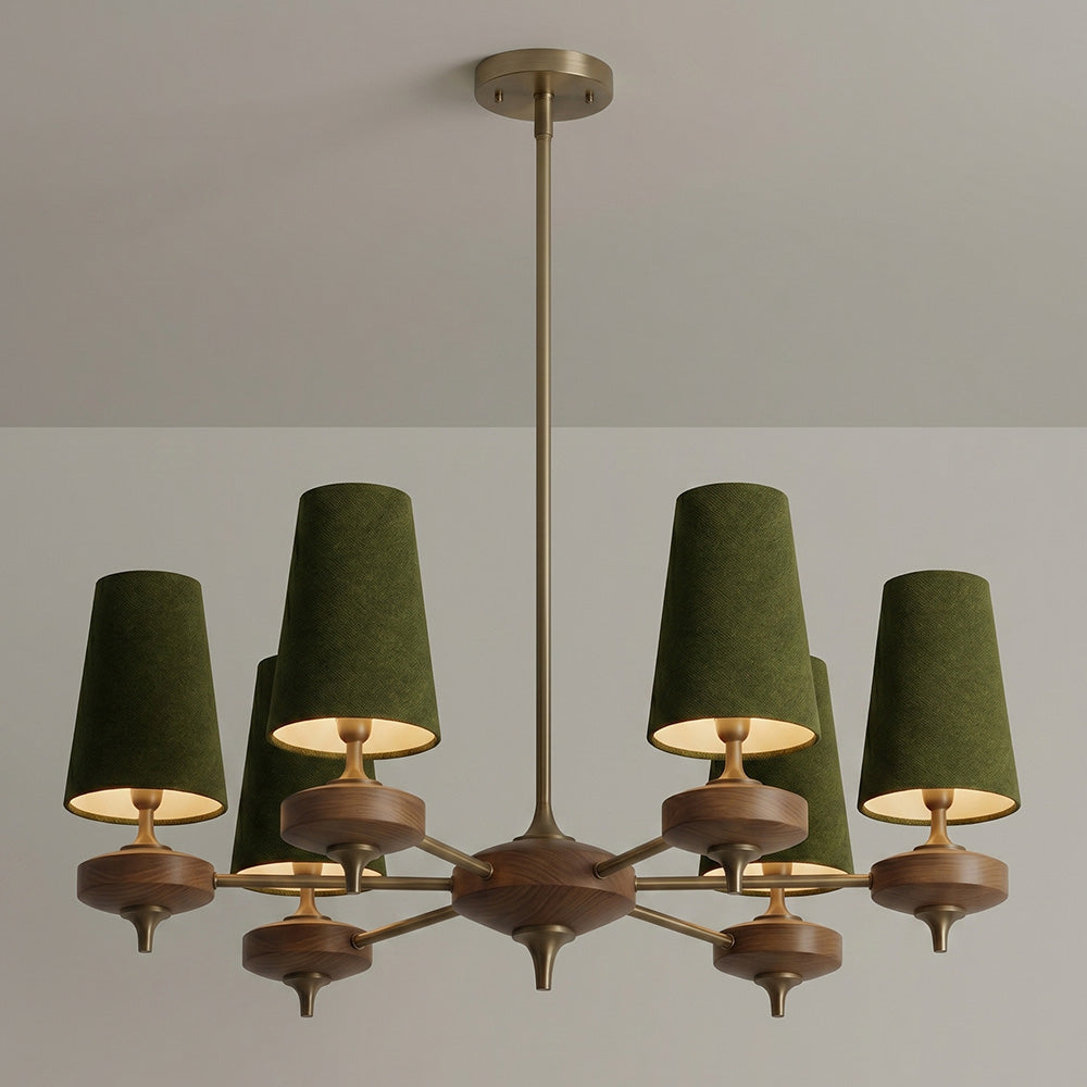 Hour Rho Chandelier - Solid Walnut & Antique Brass Radial Multi-Head Chandelier