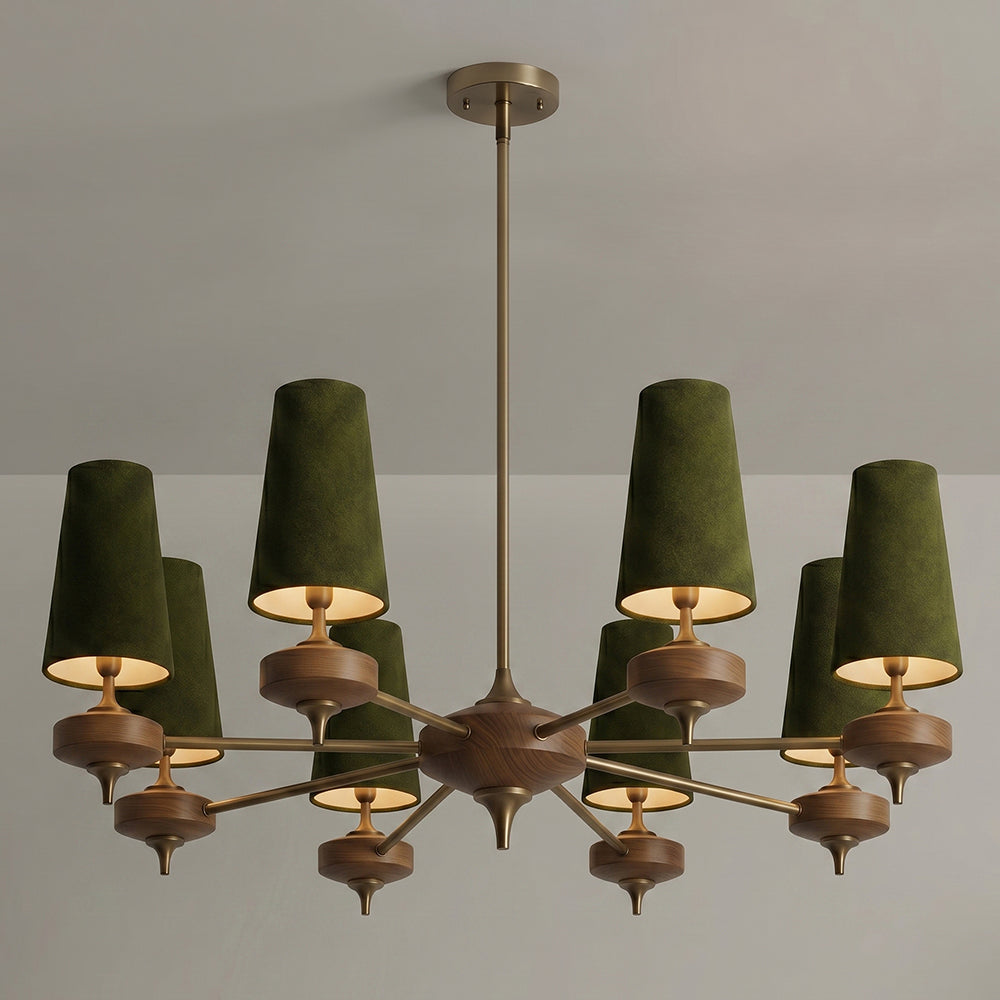 Hour Rho Chandelier - Solid Walnut & Antique Brass Radial Multi-Head Chandelier