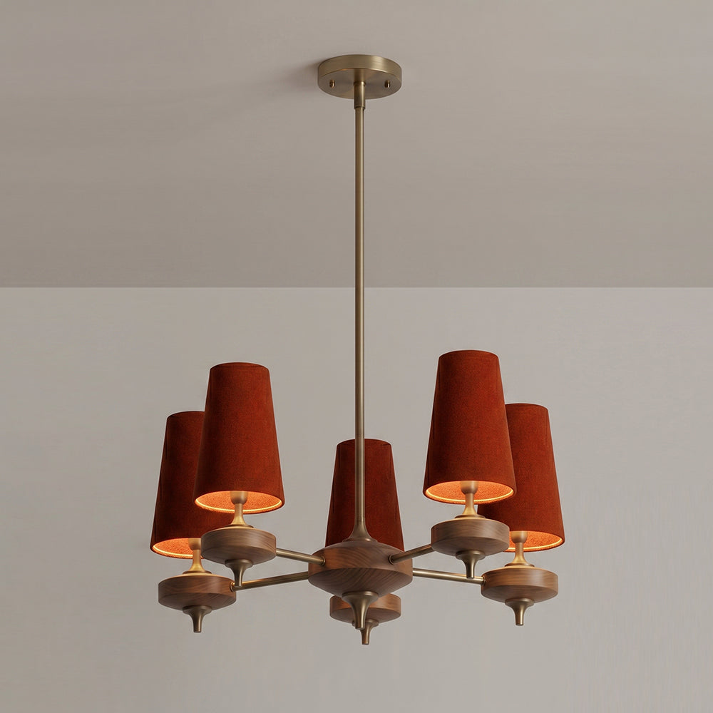 Hour Rho Chandelier - Solid Walnut & Antique Brass Radial Multi-Head Chandelier