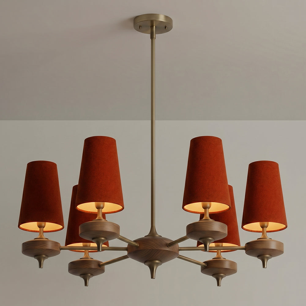 Hour Rho Chandelier - Solid Walnut & Antique Brass Radial Multi-Head Chandelier